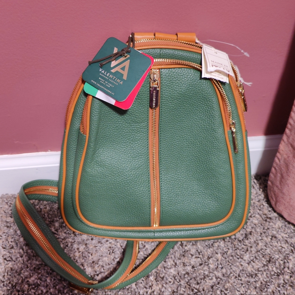 NWT Valentina Green and Orange Genuine Leather Mini Backpack